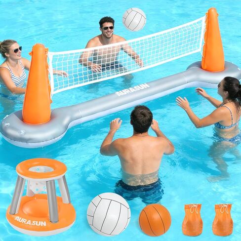 AURASUN Inflatable Pool Volleyball Net, Floating Swimming Pool Set with Basketball Hoop, Summer Pool Game Toy for Kids and Adults, Float Water Volleyball Court in Saudi Arabia