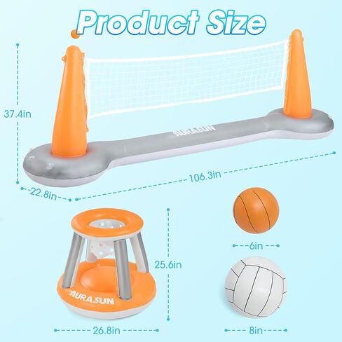 AURASUN Inflatable Pool Volleyball Net, Floating Swimming Pool Set with Basketball Hoop, Summer Pool Game Toy for Kids and Adults, Float Water Volleyball Court in Saudi Arabia