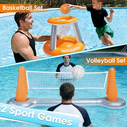 AURASUN Inflatable Pool Volleyball Net, Floating Swimming Pool Set with Basketball Hoop, Summer Pool Game Toy for Kids and Adults, Float Water Volleyball Court in Saudi Arabia