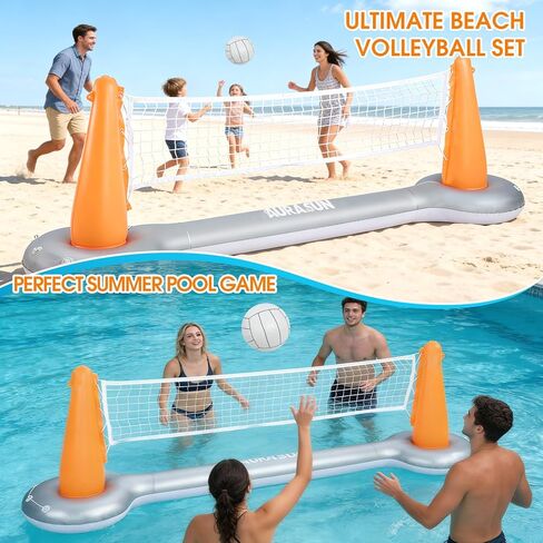 AURASUN Inflatable Pool Volleyball Net, Floating Swimming Pool Set with Basketball Hoop, Summer Pool Game Toy for Kids and Adults, Float Water Volleyball Court in Saudi Arabia