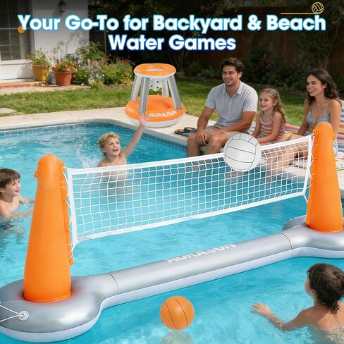 AURASUN Inflatable Pool Volleyball Net, Floating Swimming Pool Set with Basketball Hoop, Summer Pool Game Toy for Kids and Adults, Float Water Volleyball Court in Saudi Arabia