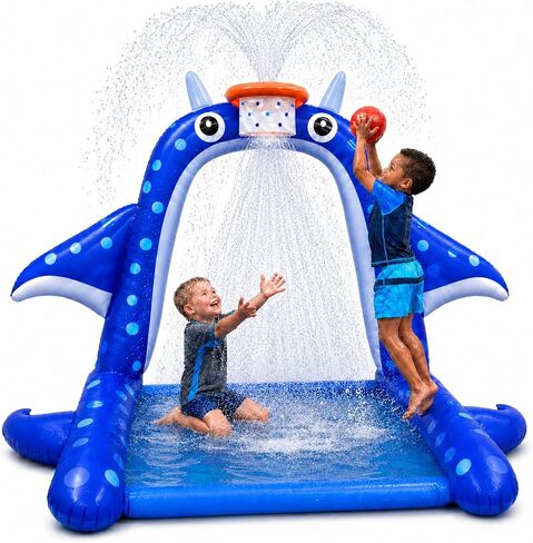 Sprinkler Splash Pad for Kids: Manta Ray Sprinkler with Basketball Hoop, Inflatable Water Play Mat, Outdoor Water Toys for Backyard Summer Play, for Toddlers and Kids Ages 1-3, 4-8, 8-12 in Saudi Arabia