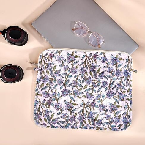 Quilted Laptop Sleeve Case 13–15.6 Inch | Handmade Block Printed Cotton Cover with Zipper | Padded Case for MacBook Air M4 2025 M3 M2 M1 & MacBook Pro M5 M4 Pro/Max (Sage Green) in Saudi Arabia