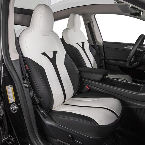 أغطية مقاعد EKR Model Y مناسبة خصيصًا لطراز Tesla Y طويل المدى (ممتاز) 2026 (فقط لـ 5 مقاعد)، لمسة نهائية تشبه OEM، متوافقة مع الوسادة الهوائية، مجموعة كاملة من أغطية مقاعد الجلد، جلد صناعي (A37-أسود مع أبيض) in Kuwait
