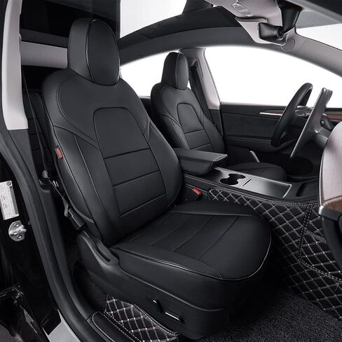 أغطية مقاعد EKR Model Y مناسبة خصيصًا لطراز Tesla Y طويل المدى (ممتاز) 2026 (فقط لـ 5 مقاعد)، لمسة نهائية تشبه OEM، متوافقة مع الوسادة الهوائية، مجموعة كاملة من أغطية مقاعد الجلد، جلد صناعي (A37-أسود مع أبيض) in Kuwait
