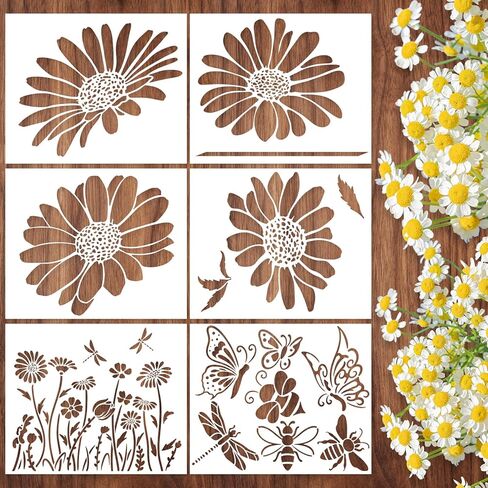 6 Pcs Large Flower Stencils for Painting on Walls, Reusable Butterfly Stencils for DIY Home Decor, Wildflower Templates for Painting on Wood Doormat Wall Floor Decor (Daisy.6) in Saudi Arabia