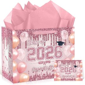Large Pink Graduation Gift Bag with Tissue Paper and Greeting Cards Pink Rose Gold Congrats Grad Gift Wrapping Paper Bag Graduation Class of 2026 Gift Goodies Bag for College High School Graduates in Saudi Arabia