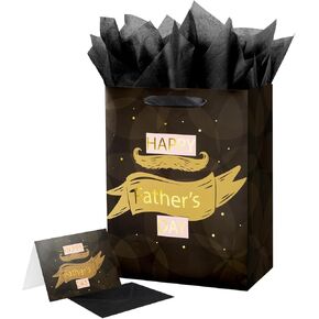 Linelglobal 12.6" Large Father's Day Bag with Tissue Paper and Card Paper Gift Bag from Daughter Son for Dad Stepdad Grandfather Husband - Happy Father's Day Brown Beard Gold Design in Saudi Arabia