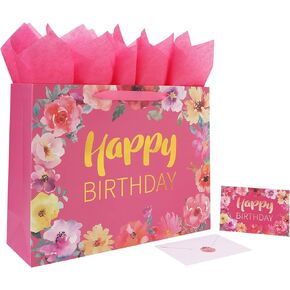 Qirrmiy 16.5'' Extra Large Happy Birthday Gift Bag Set with Handles, Greeting Card, Tissue Papers and Stickers for Women Girls, Gold Foil Happy Birthday & Floral Design, 1 Pcs in Saudi Arabia