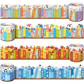 4 Rolls 132ft Seasonal Bookshelf Bulletin Board Borders Decorations Summer Wildflower Book Style Bulletin Board Trim for School Classroom Library Chalkboard Wall Back to School Offices Nursery Decor in Kuwait
