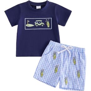 Toddler Baby Boy Golf Outfit Golf Cart Short Sleeve T-shirt Plaid Elastic Waist Shorts Summer Clothes in Saudi Arabia