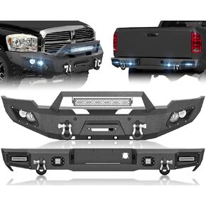 YZONA لمصدات Ram 1500 الأمامية والخلفية متوافقة مع 2006 2007 2008 Dodge Ram 1500 مع لوحة ونش، مصابيح LED، فتحات مستشعر، إطار لوحة الترخيص، أضواء لوحة الترخيص، درع قابل للطلاء، حلقات على شكل حرف D in Kuwait