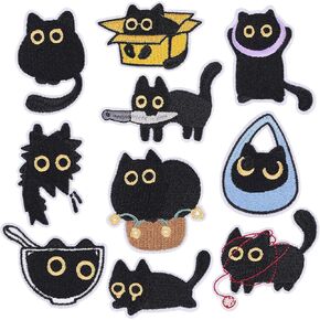 10Pcs Black Cat Iron On Patches, Cute Cartoon Cat Embroidered Appliqué Patches,Sew on/Iron on Applique Embroidered Patches for Clothing Hats, Backpacks,Shirt,Shoes in Saudi Arabia