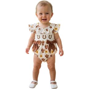 Emmababy Cow Print Smocked Romper Baby Girl Cow Clothes Western Short Sleeve Bodysuit Bow Jumpsuit Newborn Cowgirl Outfit in Saudi Arabia