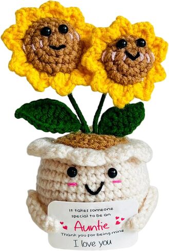Handmade Emotional Support Crochet Sunflower, Cute Amigurumi Flower Decor with Appreciation Card, Sentimental Gifts for Auntie from Niece or Nephew, Birthday Mother's Day Thank You Gift for Aunt in Saudi Arabia