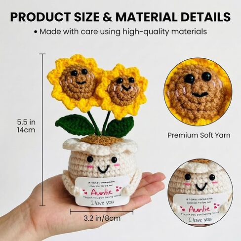 Handmade Emotional Support Crochet Sunflower, Cute Amigurumi Flower Decor with Appreciation Card, Sentimental Gifts for Auntie from Niece or Nephew, Birthday Mother's Day Thank You Gift for Aunt in Saudi Arabia
