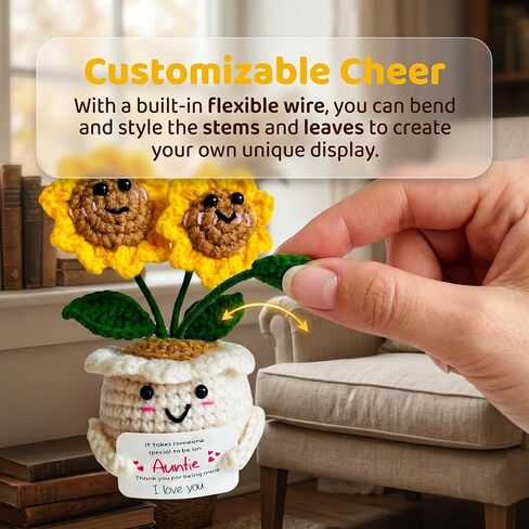 Handmade Emotional Support Crochet Sunflower, Cute Amigurumi Flower Decor with Appreciation Card, Sentimental Gifts for Auntie from Niece or Nephew, Birthday Mother's Day Thank You Gift for Aunt in Saudi Arabia
