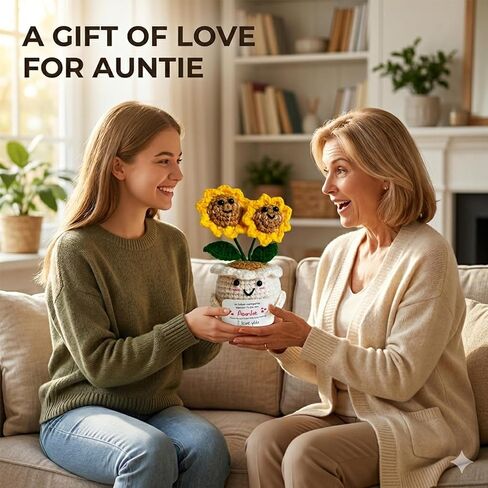 Handmade Emotional Support Crochet Sunflower, Cute Amigurumi Flower Decor with Appreciation Card, Sentimental Gifts for Auntie from Niece or Nephew, Birthday Mother's Day Thank You Gift for Aunt in Saudi Arabia