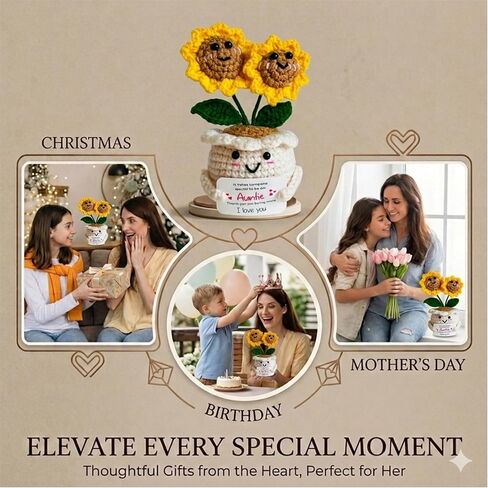 Handmade Emotional Support Crochet Sunflower, Cute Amigurumi Flower Decor with Appreciation Card, Sentimental Gifts for Auntie from Niece or Nephew, Birthday Mother's Day Thank You Gift for Aunt in Saudi Arabia