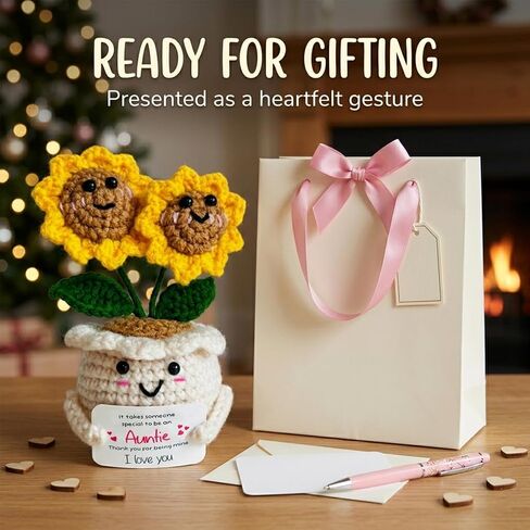 Handmade Emotional Support Crochet Sunflower, Cute Amigurumi Flower Decor with Appreciation Card, Sentimental Gifts for Auntie from Niece or Nephew, Birthday Mother's Day Thank You Gift for Aunt in Saudi Arabia