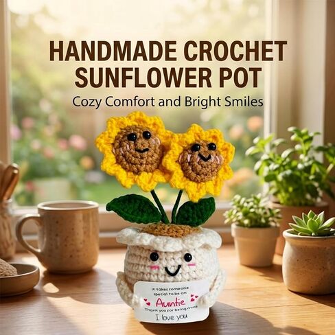 Handmade Emotional Support Crochet Sunflower, Cute Amigurumi Flower Decor with Appreciation Card, Sentimental Gifts for Auntie from Niece or Nephew, Birthday Mother's Day Thank You Gift for Aunt in Saudi Arabia