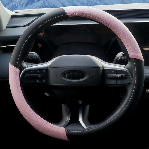 Car Steering Wheel Cover for Jeep, Leather Steering Wheel Cover for Jeep Wrangler Grand Cherokee Cherokee, 14.5-15 inch Anti-Slip Interior Protection Accessories for Women Men - Black & Pink in Saudi Arabia