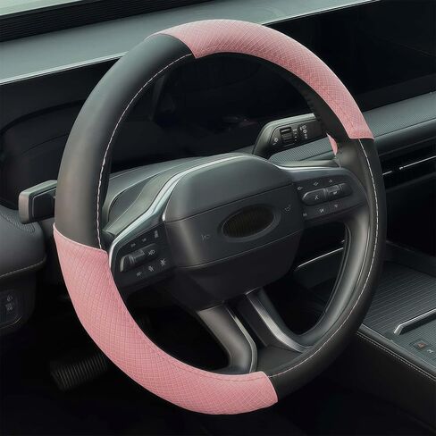 Car Steering Wheel Cover for Jeep, Leather Steering Wheel Cover for Jeep Wrangler Grand Cherokee Cherokee, 14.5-15 inch Anti-Slip Interior Protection Accessories for Women Men - Black & Pink in Saudi Arabia