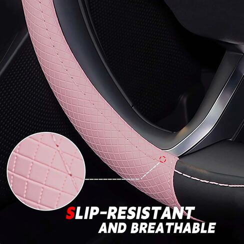 Car Steering Wheel Cover for Jeep, Leather Steering Wheel Cover for Jeep Wrangler Grand Cherokee Cherokee, 14.5-15 inch Anti-Slip Interior Protection Accessories for Women Men - Black & Pink in Saudi Arabia
