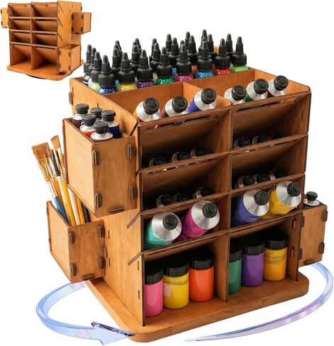 Rotating Paint Tube Organizer, 360 Degree Wooden Art Supply Storage for Acrylic & Oil Paint, Fits Tubes 80ml to 200ml, Adjustable Shelves with Solvent Bottle Holder, Paint Brush Holder in Saudi Arabia