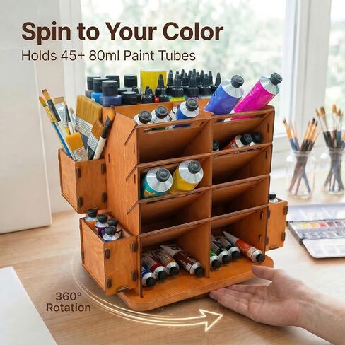 Rotating Paint Tube Organizer, 360 Degree Wooden Art Supply Storage for Acrylic & Oil Paint, Fits Tubes 80ml to 200ml, Adjustable Shelves with Solvent Bottle Holder, Paint Brush Holder in Saudi Arabia