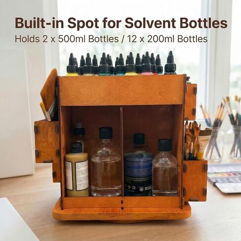 Rotating Paint Tube Organizer, 360 Degree Wooden Art Supply Storage for Acrylic & Oil Paint, Fits Tubes 80ml to 200ml, Adjustable Shelves with Solvent Bottle Holder, Paint Brush Holder in Saudi Arabia