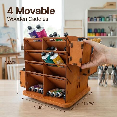 Rotating Paint Tube Organizer, 360 Degree Wooden Art Supply Storage for Acrylic & Oil Paint, Fits Tubes 80ml to 200ml, Adjustable Shelves with Solvent Bottle Holder, Paint Brush Holder in Saudi Arabia