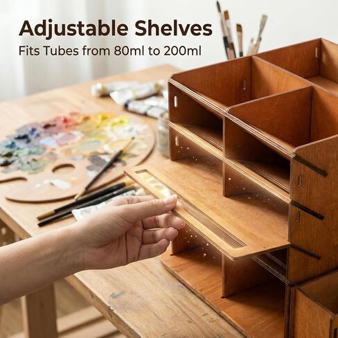 Rotating Paint Tube Organizer, 360 Degree Wooden Art Supply Storage for Acrylic & Oil Paint, Fits Tubes 80ml to 200ml, Adjustable Shelves with Solvent Bottle Holder, Paint Brush Holder in Saudi Arabia