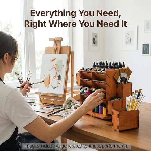 Rotating Paint Tube Organizer, 360 Degree Wooden Art Supply Storage for Acrylic & Oil Paint, Fits Tubes 80ml to 200ml, Adjustable Shelves with Solvent Bottle Holder, Paint Brush Holder in Saudi Arabia