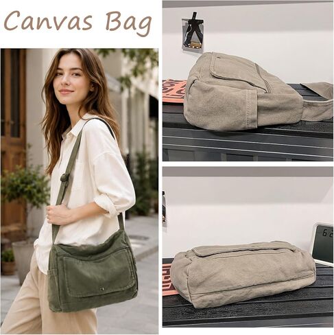 Canvas Multiple Pockets Messenger Bag Casual Satchel Crossbody Shoulder Purse Hobo Tote Handbag in Kuwait