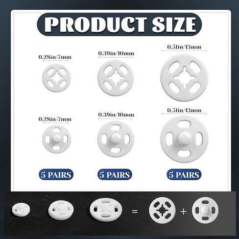 Plastic Snaps for Fabric, 45 Set 3 Sizes Sew-on Snap Buttons, Round White Snap Fasteners Button for Sewing DIY Crafts Clothing Shirt Pant(7mm, 10mm, 13mm) in Saudi Arabia