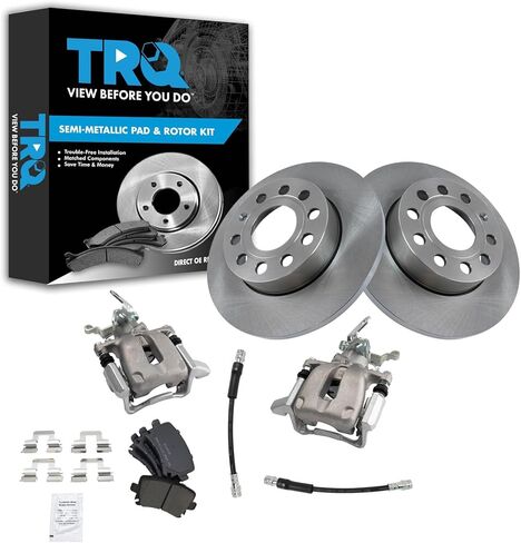 TRQ Rear Brake Pad and Rotor Set Semi Metallic Solid Rotors Calipers Hoses Compatible with 2006-2010 Volkswagen Jetta 2006-2009 Rabbit in Kuwait