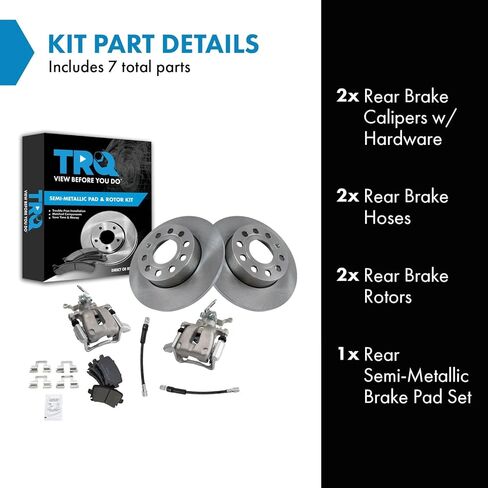 TRQ Rear Brake Pad and Rotor Set Semi Metallic Solid Rotors Calipers Hoses Compatible with 2006-2010 Volkswagen Jetta 2006-2009 Rabbit in Kuwait