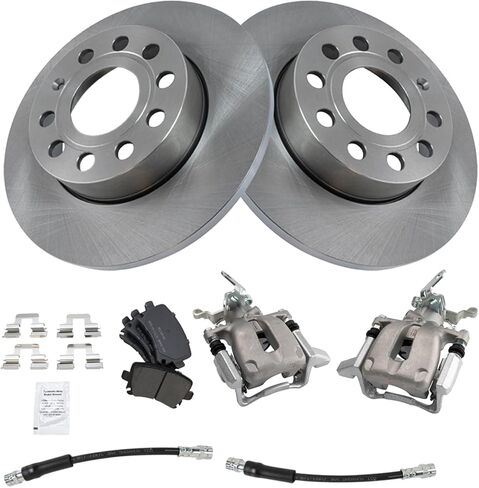 TRQ Rear Brake Pad and Rotor Set Semi Metallic Solid Rotors Calipers Hoses Compatible with 2006-2010 Volkswagen Jetta 2006-2009 Rabbit in Kuwait