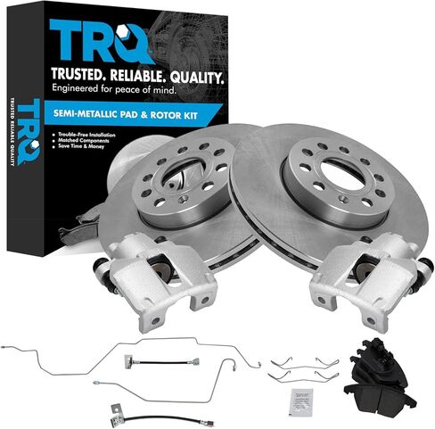 TRQ Rear Brake Pad and Rotor Set Semi Metallic Solid Rotors Calipers Hoses Compatible with 2006-2010 Volkswagen Jetta 2006-2009 Rabbit in Kuwait