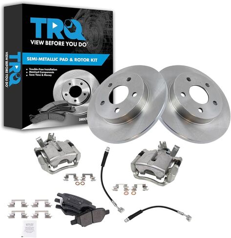 TRQ Rear Brake Pad and Rotor Set Semi Metallic Solid Rotors Calipers Hoses Compatible with 2006-2010 Volkswagen Jetta 2006-2009 Rabbit in Kuwait