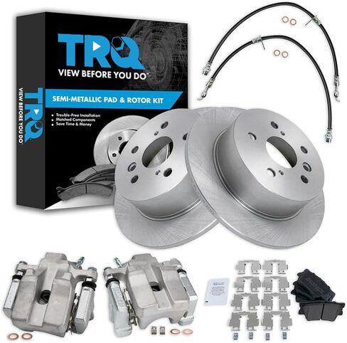 TRQ Rear Brake Pad and Rotor Set Semi Metallic Solid Rotors Calipers Hoses Compatible with 2006-2010 Volkswagen Jetta 2006-2009 Rabbit in Kuwait