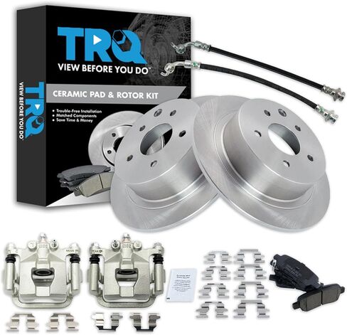 TRQ Rear Brake Pad and Rotor Set Semi Metallic Solid Rotors Calipers Hoses Compatible with 2006-2010 Volkswagen Jetta 2006-2009 Rabbit in Kuwait