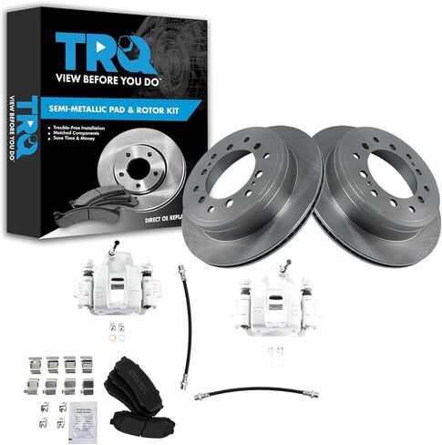 TRQ Rear Brake Pad and Rotor Set Semi Metallic Solid Rotors Calipers Hoses Compatible with 2006-2010 Volkswagen Jetta 2006-2009 Rabbit in Kuwait
