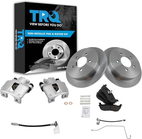 TRQ Rear Brake Pad and Rotor Set Semi Metallic Solid Rotors Calipers Hoses Compatible with 2006-2010 Volkswagen Jetta 2006-2009 Rabbit in Kuwait