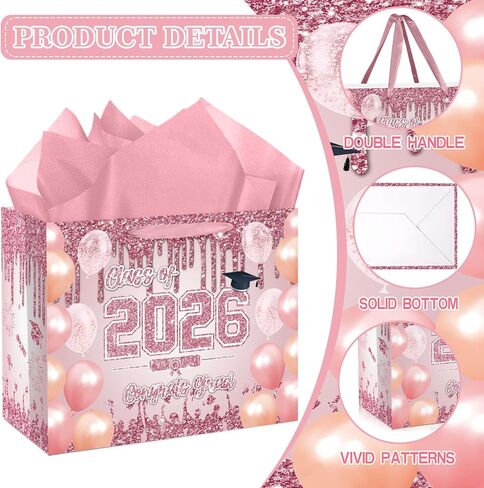 Large Pink Graduation Gift Bag with Tissue Paper and Greeting Cards Pink Rose Gold Congrats Grad Gift Wrapping Paper Bag Graduation Class of 2026 Gift Goodies Bag for College High School Graduates in Saudi Arabia