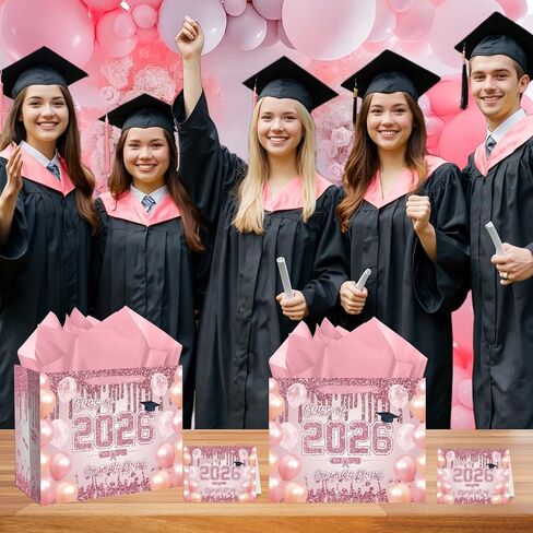 Large Pink Graduation Gift Bag with Tissue Paper and Greeting Cards Pink Rose Gold Congrats Grad Gift Wrapping Paper Bag Graduation Class of 2026 Gift Goodies Bag for College High School Graduates in Saudi Arabia