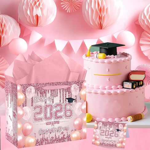 Large Pink Graduation Gift Bag with Tissue Paper and Greeting Cards Pink Rose Gold Congrats Grad Gift Wrapping Paper Bag Graduation Class of 2026 Gift Goodies Bag for College High School Graduates in Saudi Arabia
