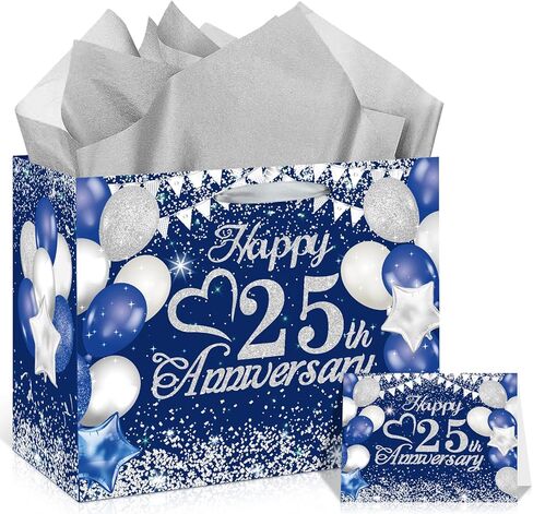 Black Silver 60th Anniversary Party Gift Bag with Tissue Papers and Card, 11.8'' 60th Wedding Anniversary Paper Gift Wrapping Bag for Women Men Wedding Party Supplies Gift Bag in Kuwait