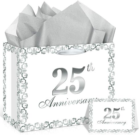 Black Silver 60th Anniversary Party Gift Bag with Tissue Papers and Card, 11.8'' 60th Wedding Anniversary Paper Gift Wrapping Bag for Women Men Wedding Party Supplies Gift Bag in Kuwait